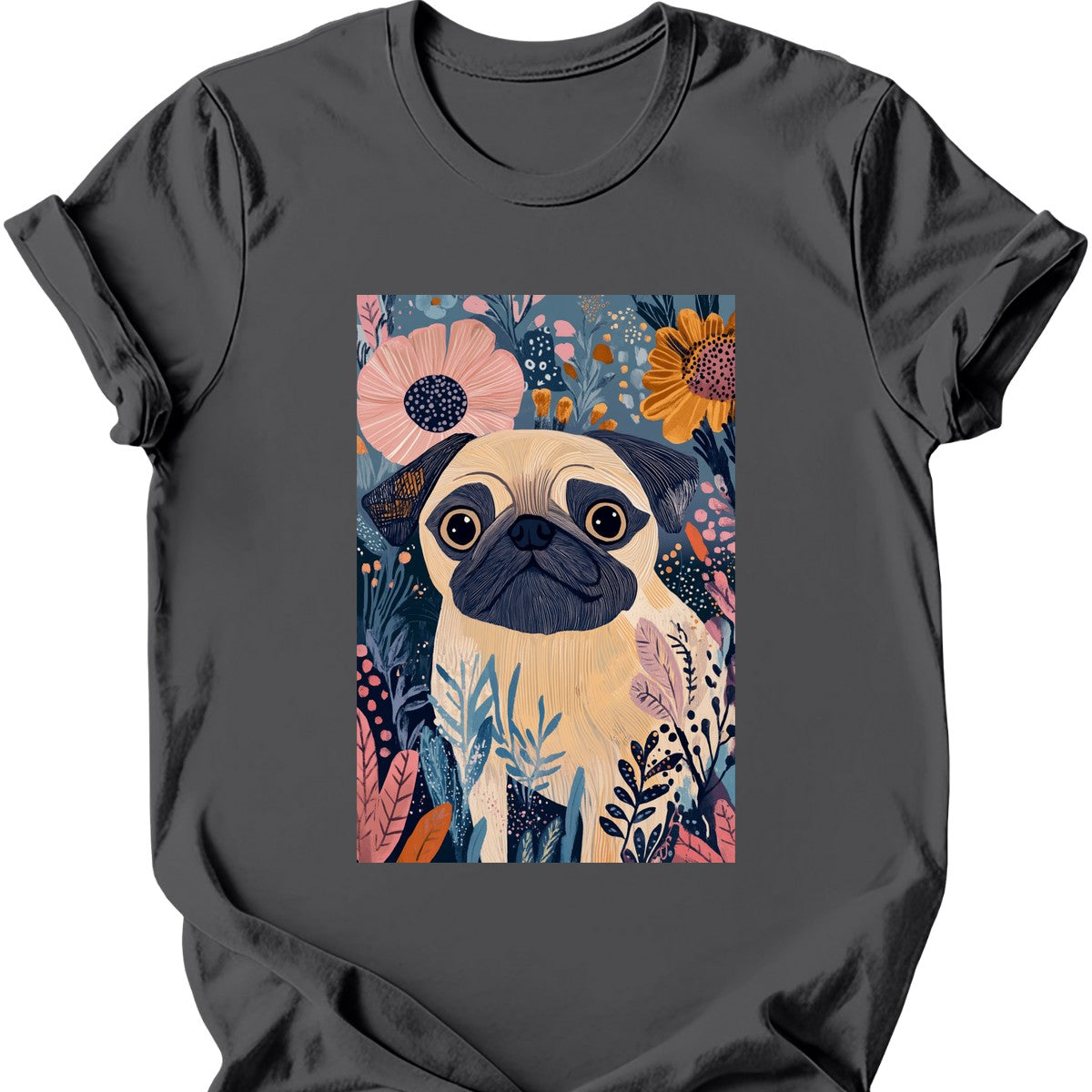 Pug - Boho Dog T-Shirt - Charcoal