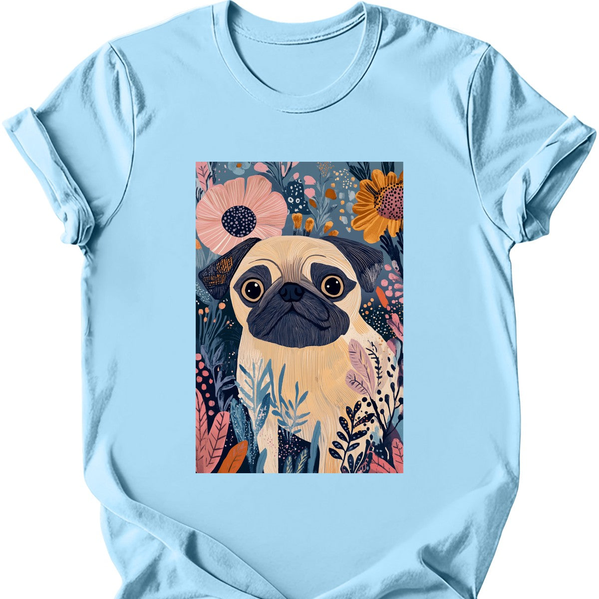 Pug - Boho Dog T-Shirt - Light Blue