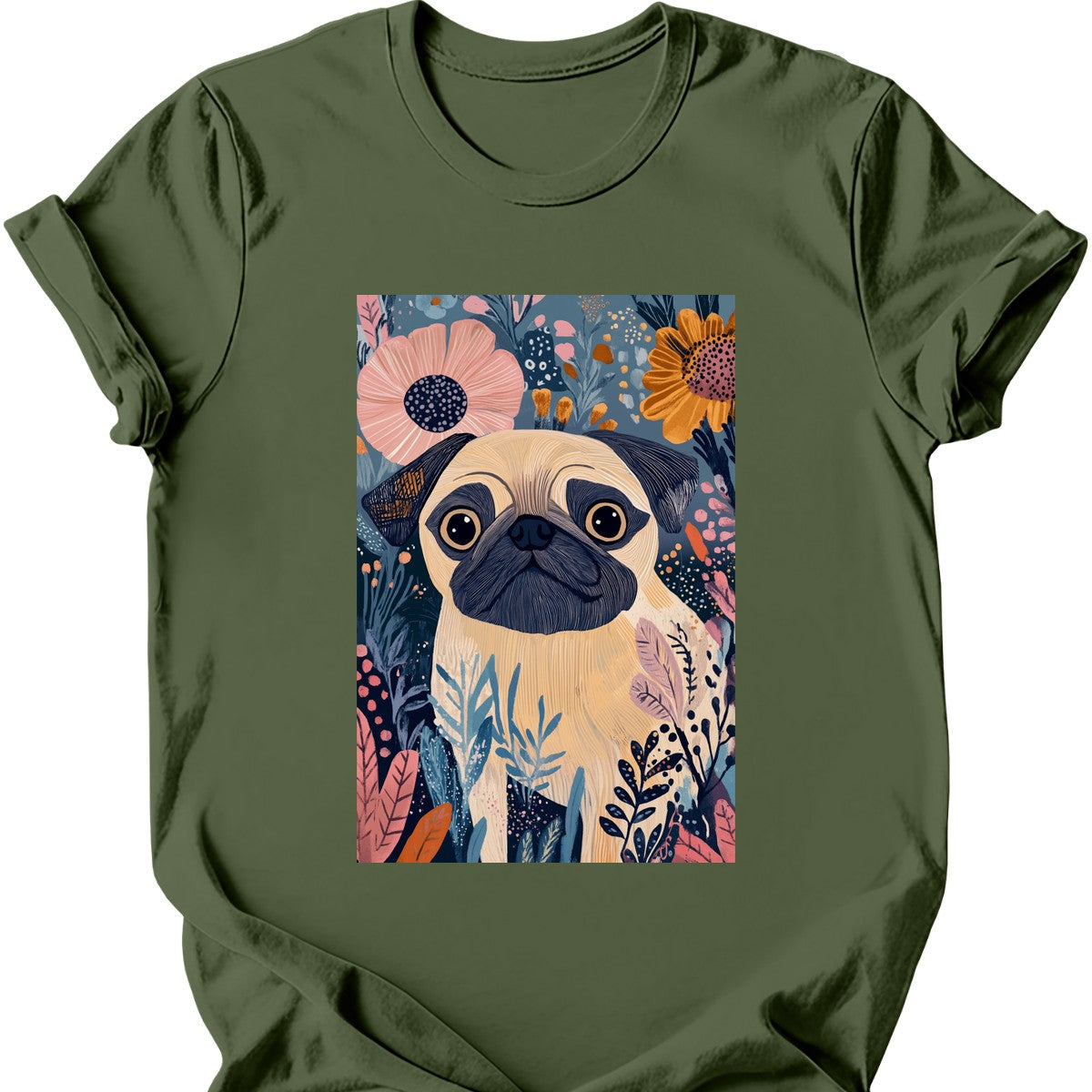 Pug - Boho Dog T-Shirt - Military Green