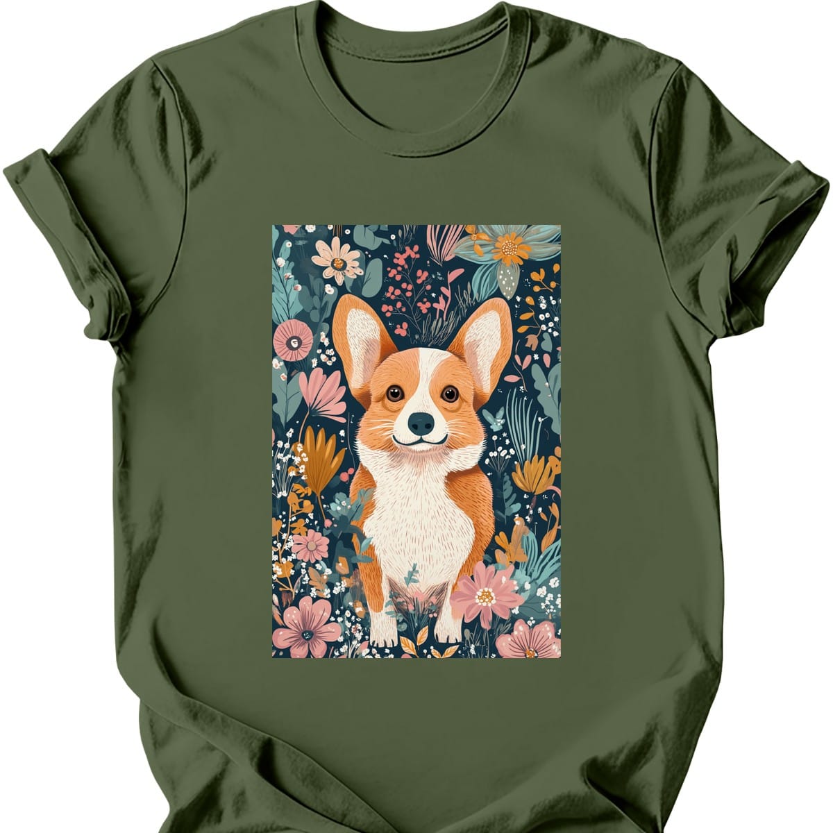 Pembroke Welsh Corgi - Boho Dog T-Shirt - Military Green