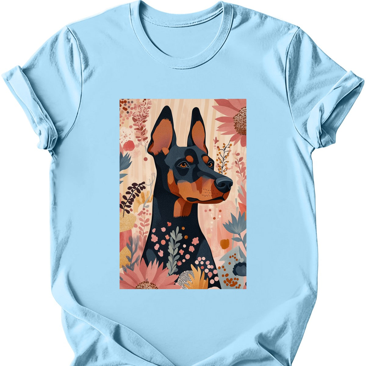 Doberman - Boho Dog T-Shirt - Light Blue