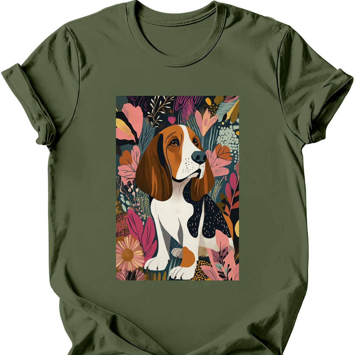 Basset Hound - Boho Dog T-Shirt - Military Green