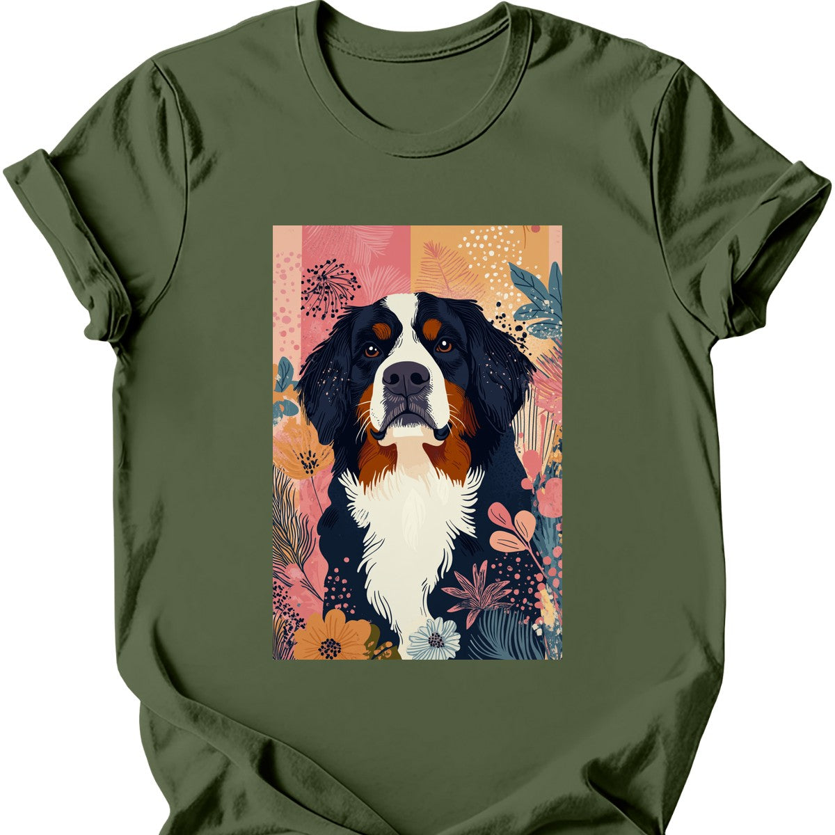 Bernese Mountain Dog - Boho Dog T-Shirt - Military Green