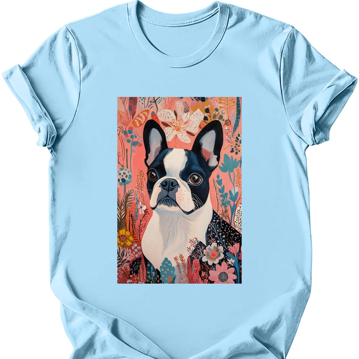 Boston Terrier - Boho Dog T-Shirt - Light Blue