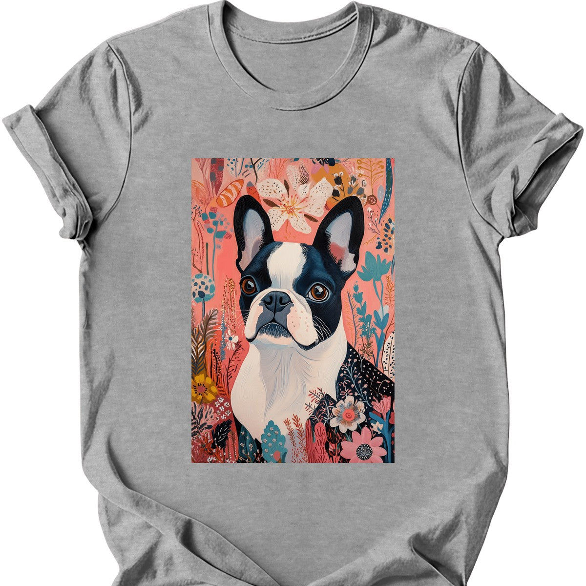 Boston Terrier - Boho Dog T-Shirt - Sport Grey