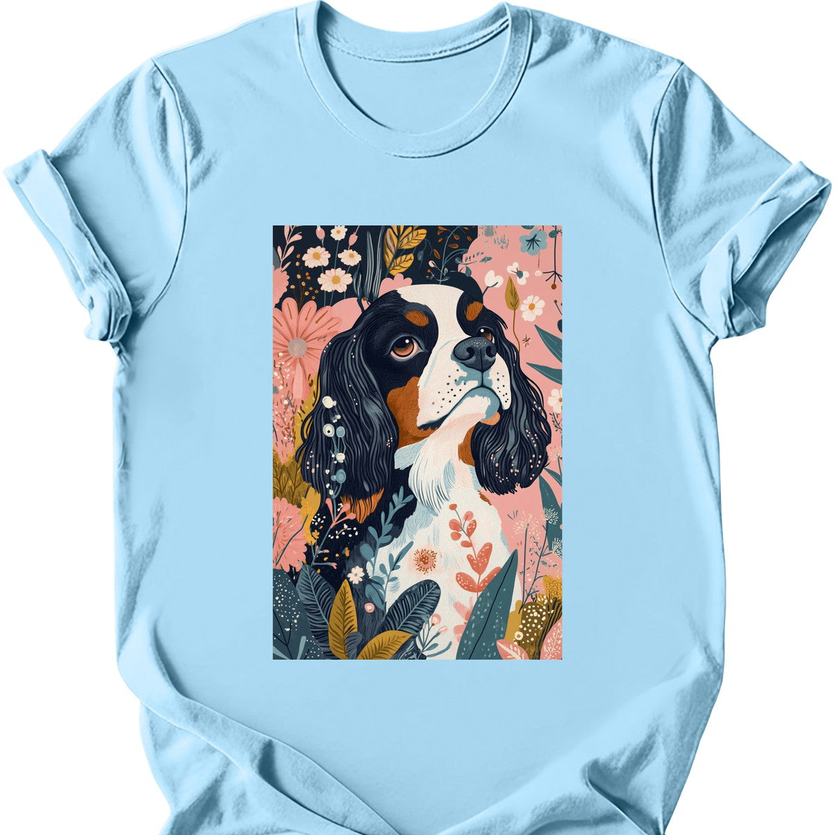 Cavalier King Charles Spaniel - Boho Dog T-Shirt - Light Blue