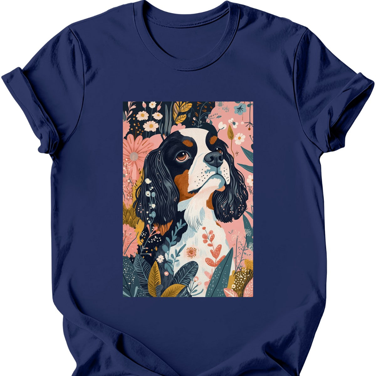 Cavalier King Charles Spaniel - Boho Dog T-Shirt - Navy