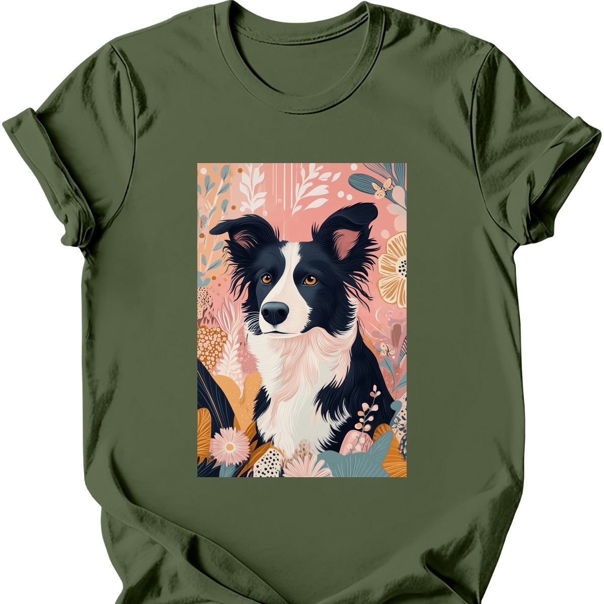 Border Collie - Boho Dog T-Shirt - Military Green