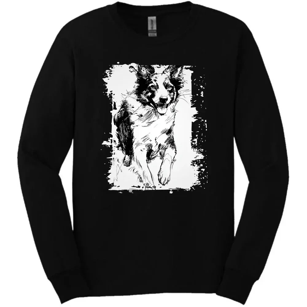 Border Collie - Running Dog Long Sleeve Tee - Black