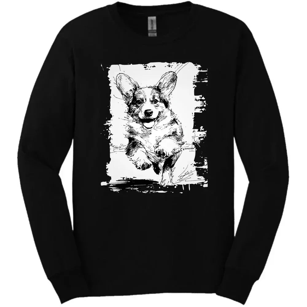 Corgi - Running Dog Long Sleeve Tee - Black