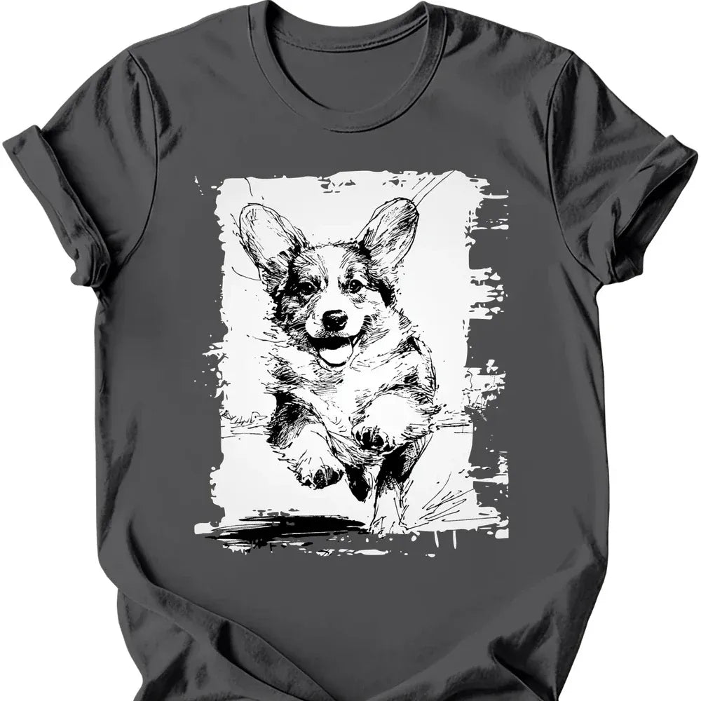 Corgi - Running Dog T-Shirt - Charcoal