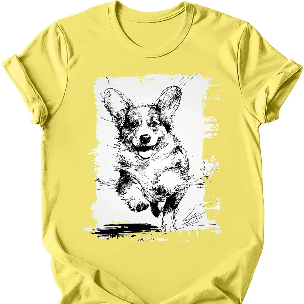 Corgi - Running Dog T-Shirt - Cornsilk