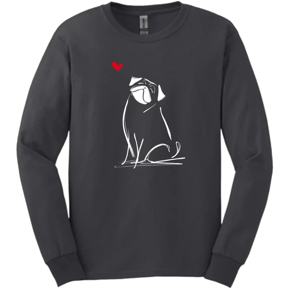 Pug - Sketch Dog Long Sleeve Tee - Dark Heather