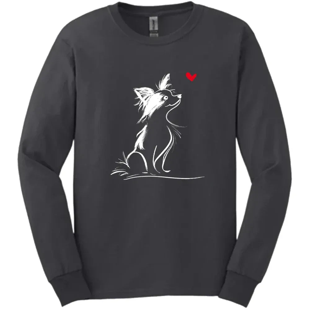 Papillon - Sketch Dog Long Sleeve Tee - Dark Heather
