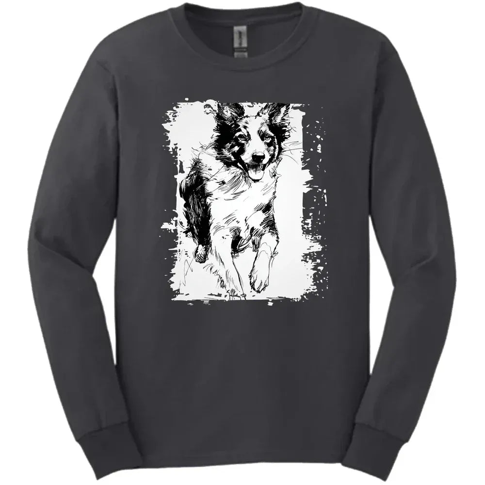 Border Collie - Running Dog Long Sleeve Tee - Dark Heather