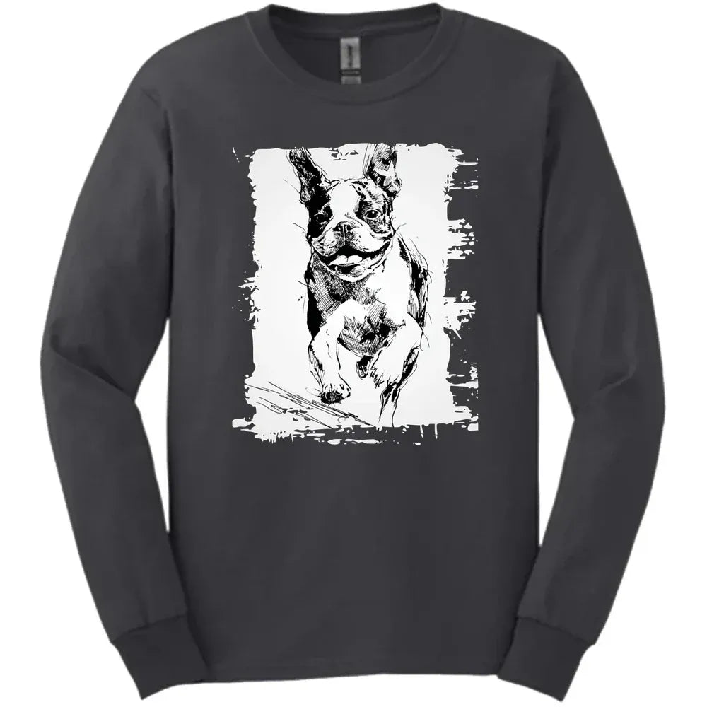 Boston Terrier - Running Dog Long Sleeve Tee - Dark Heather