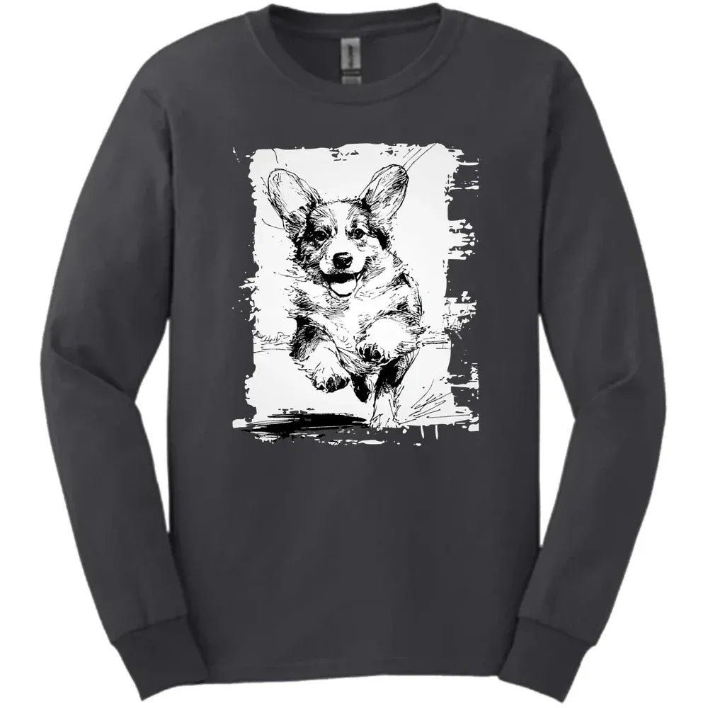 Corgi - Running Dog Long Sleeve Tee - Dark Heather