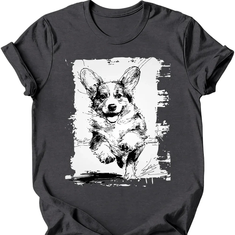 Corgi - Running Dog T-Shirt - Dark Heather