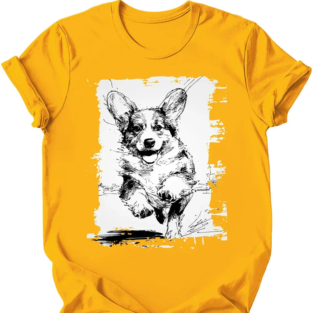 Corgi - Running Dog T-Shirt - Gold