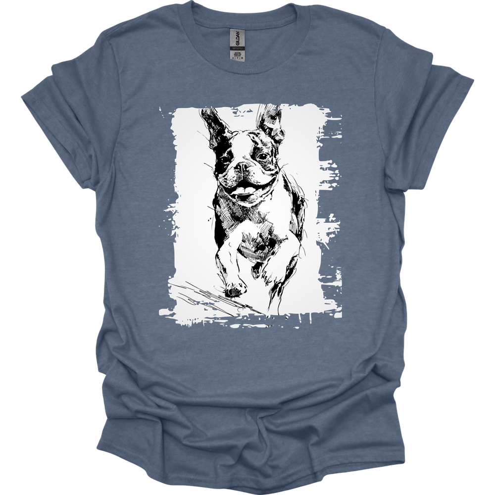 Boston Terrier - Running Dog T-Shirt - Heather Indigo