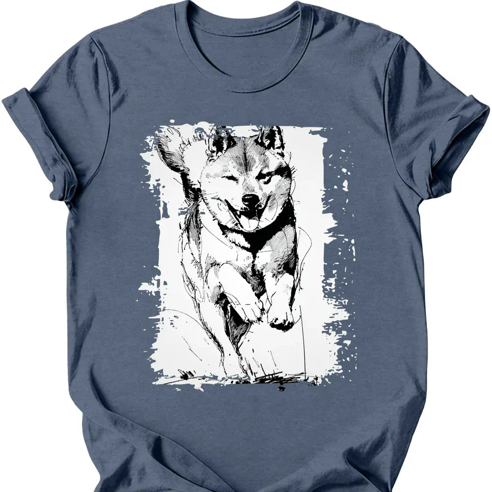 Shiba Inu - Running Dog T-Shirt - Heather Indigo