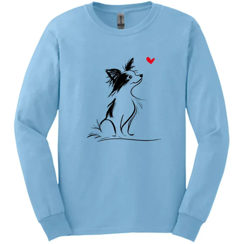 Papillon - Sketch Dog Long Sleeve Tee - Light Blue