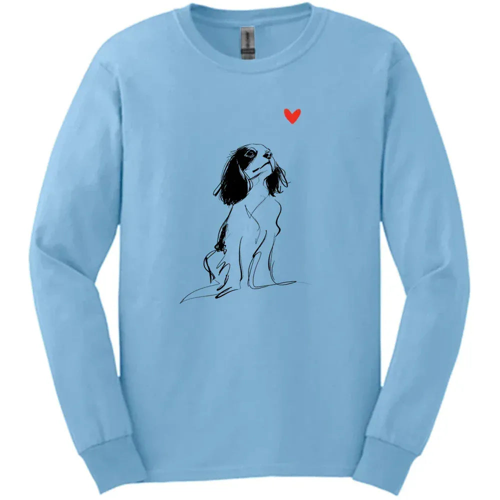 Cavalier King Charles Spaniel - Sketch Dog Long Sleeve Tee - Light Blue