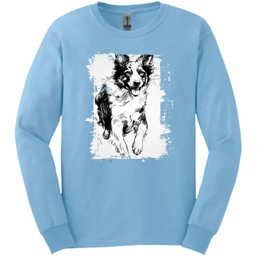 Border Collie - Running Dog Long Sleeve Tee - Light Blue
