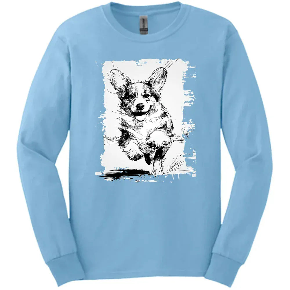 Corgi - Running Dog Long Sleeve Tee - Light Blue