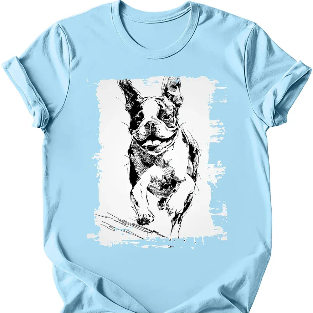 Boston Terrier - Running Dog T-Shirt - Light Blue