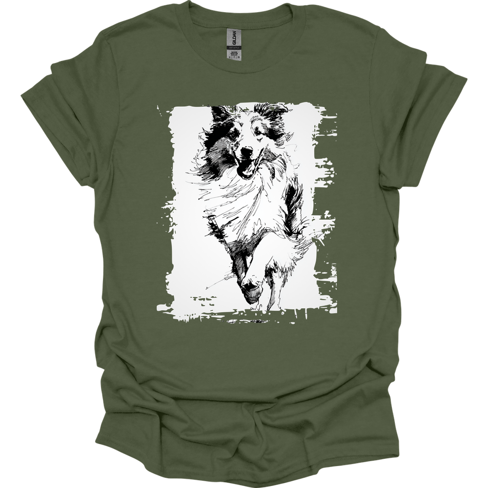 Shetland Sheepdog - Running Dog T-Shirt - Military Green