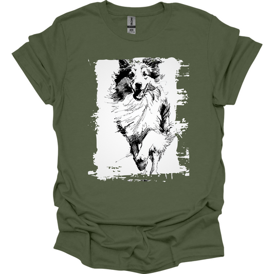 Shetland Sheepdog - Running Dog T-Shirt - Military Green