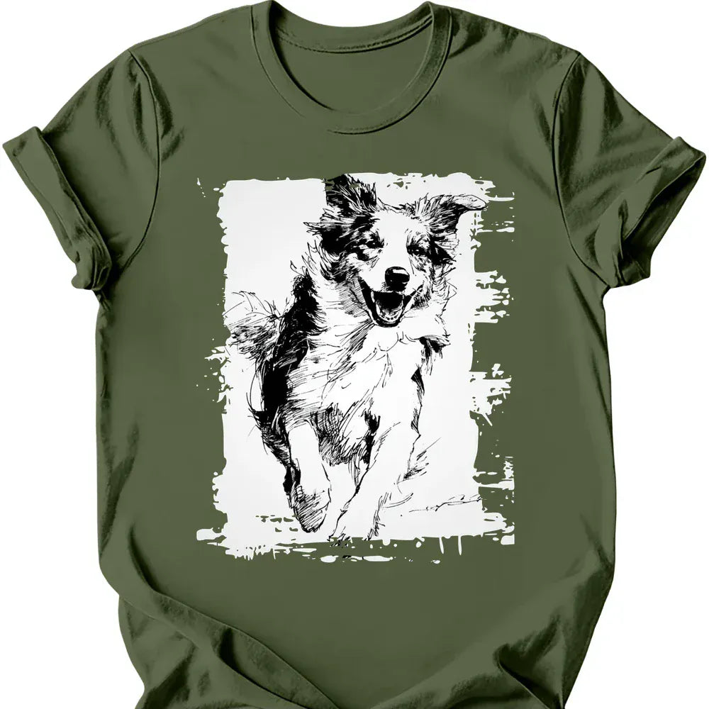 Australian Shepherd - Running Dog T-Shirt - Military Green
