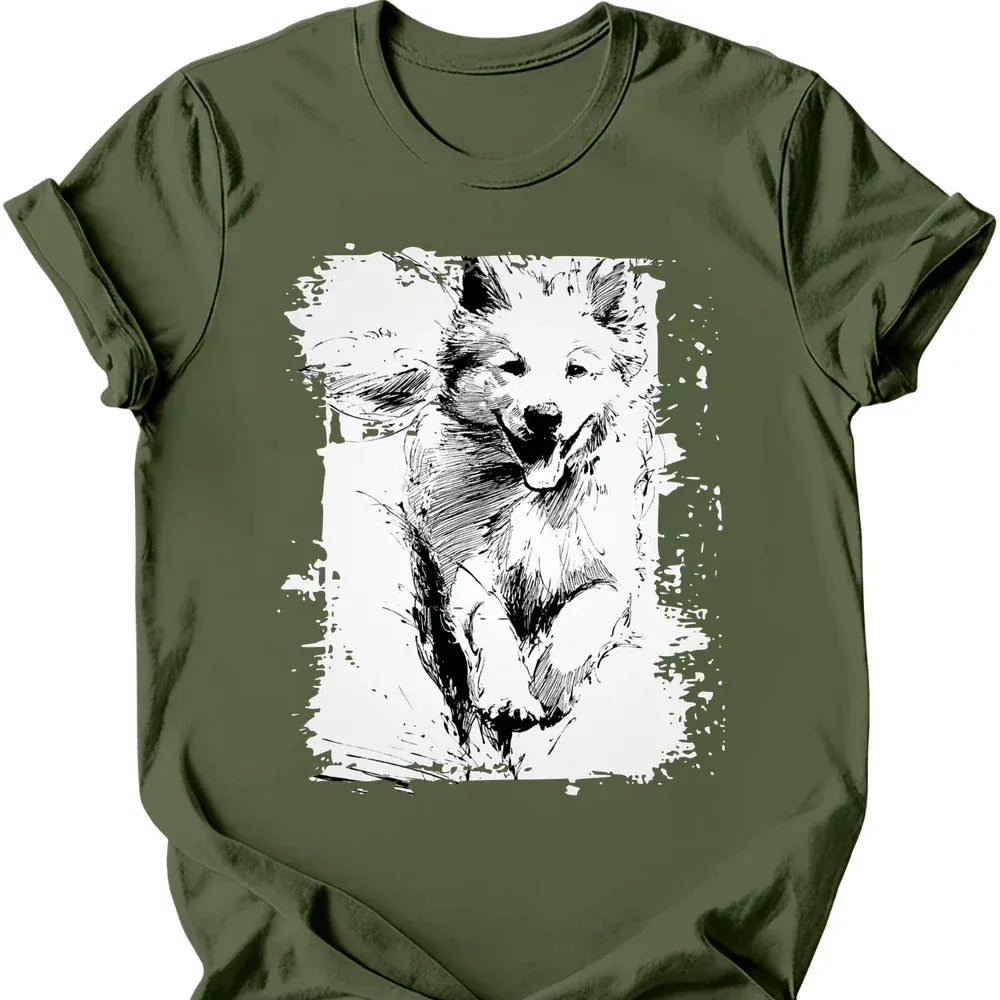 Samoyed - Running Dog T-Shirt - Military Green