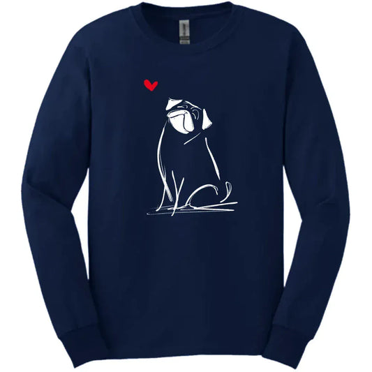 Pug - Sketch Dog Long Sleeve Tee - Navy