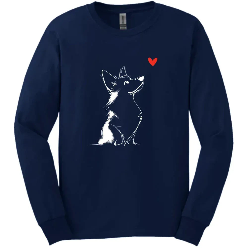 Corgi - Sketch Dog Long Sleeve Tee - Navy