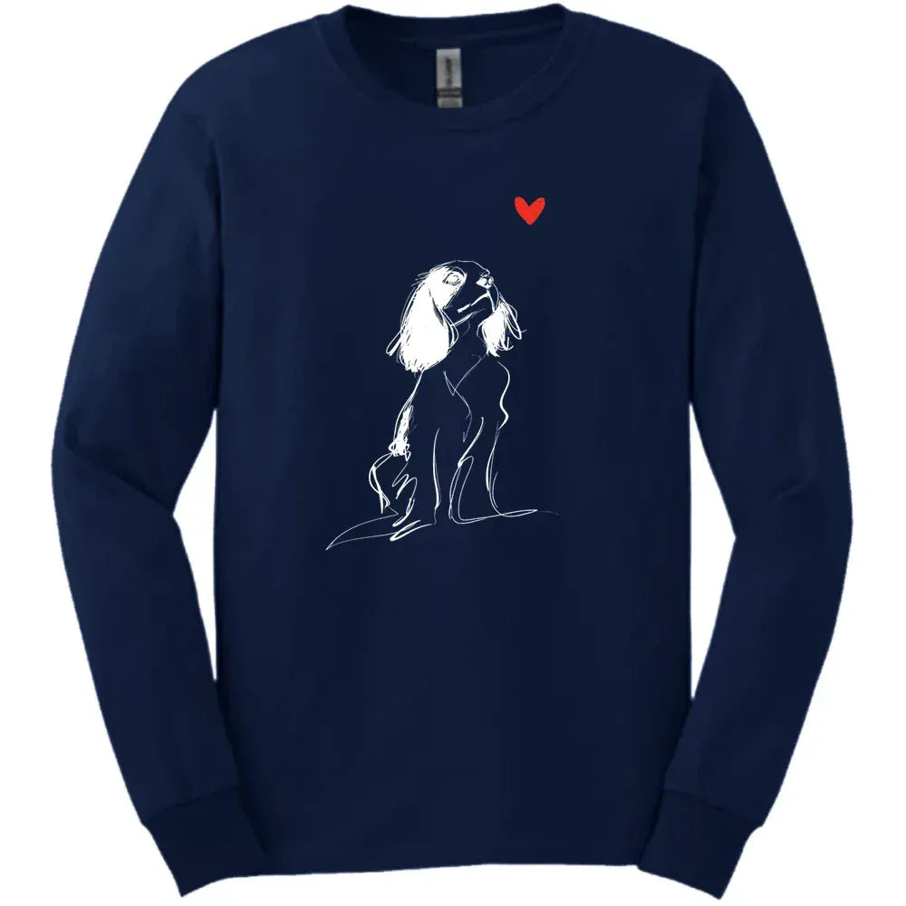 Cavalier King Charles Spaniel - Sketch Dog Long Sleeve Tee - Navy