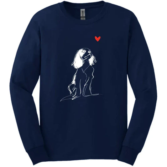 Cavalier King Charles Spaniel - Sketch Dog Long Sleeve Tee - Navy