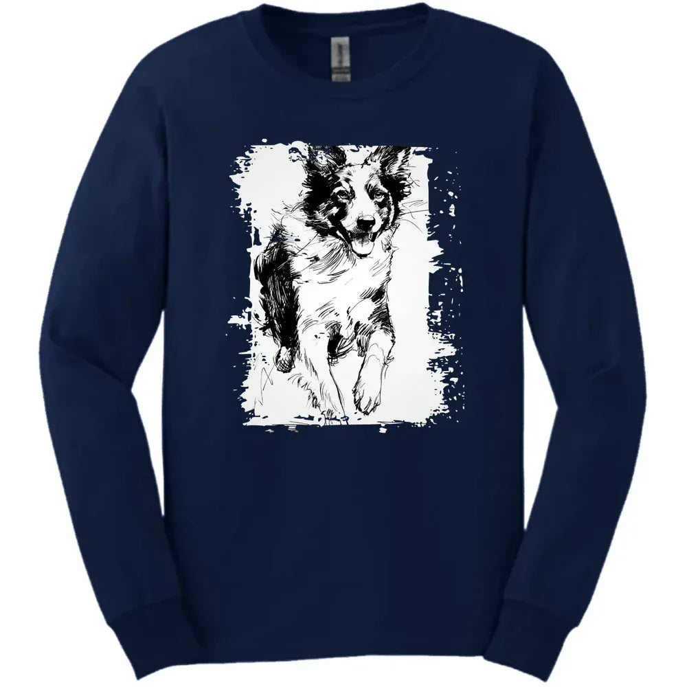 Border Collie - Running Dog Long Sleeve Tee - Navy