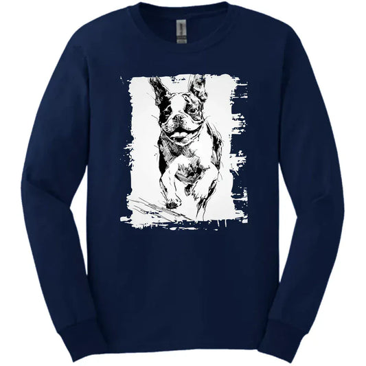 Boston Terrier - Running Dog Long Sleeve Tee - Navy
