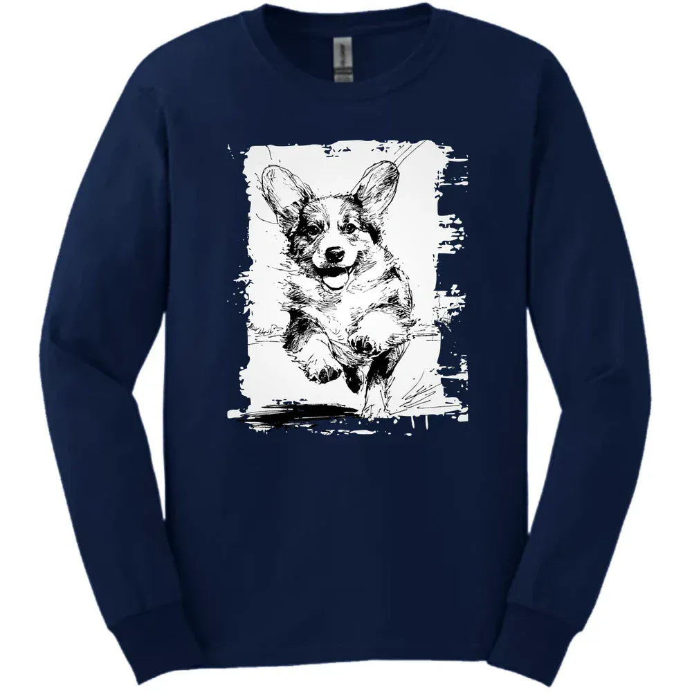 Corgi - Running Dog Long Sleeve Tee - Navy