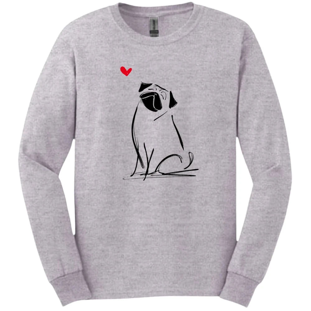 Pug - Sketch Dog Long Sleeve Tee - Sport Grey