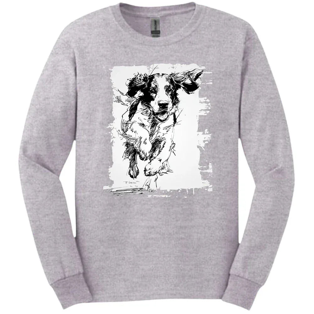English Springer Spaniel - Running Dog Long Sleeve Tee - Sport Grey