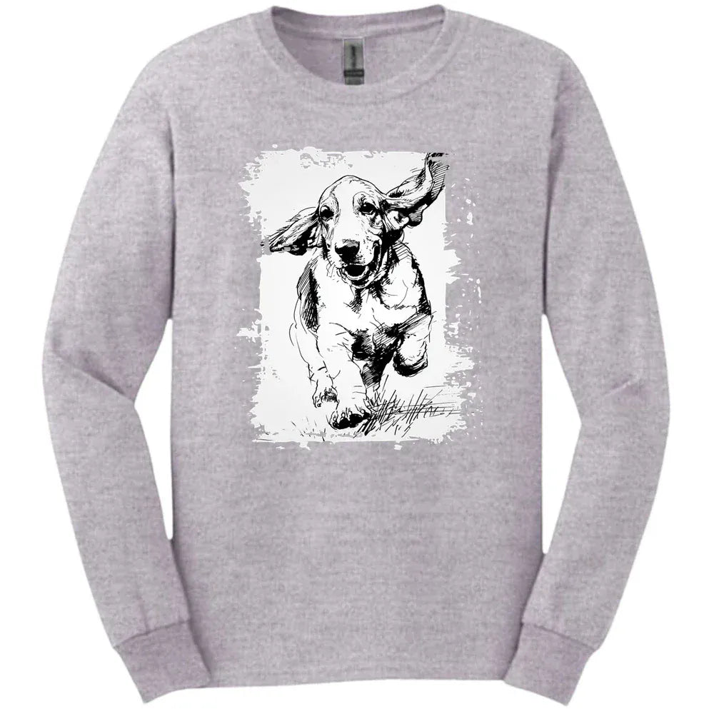 Basset Hound - Running Dog Long Sleeve Tee - Sport Grey