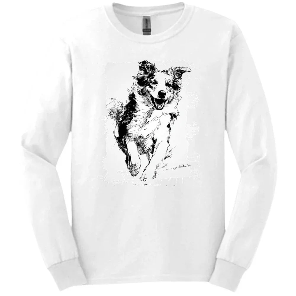 Australian Shepherd - Running Dog Long Sleeve Tee - White