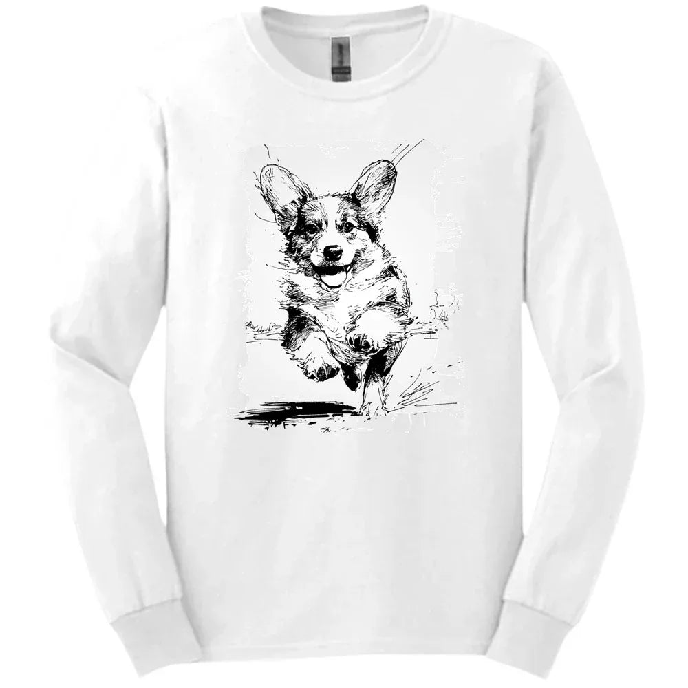 Corgi - Running Dog Long Sleeve Tee - White
