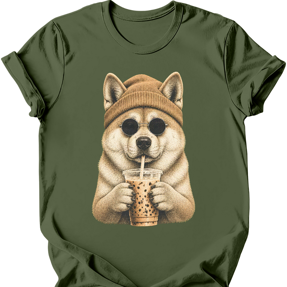 akita hipster dog tee military green