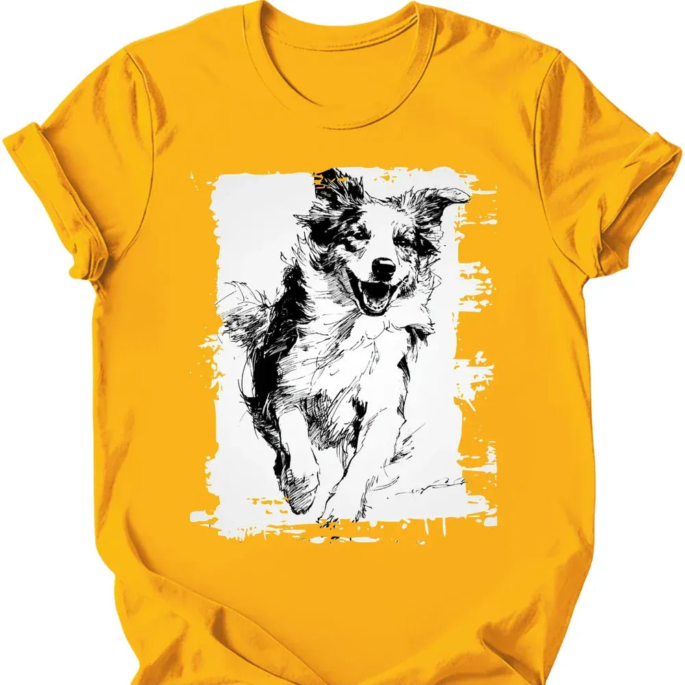 Australian Shepherd running dog tee gold