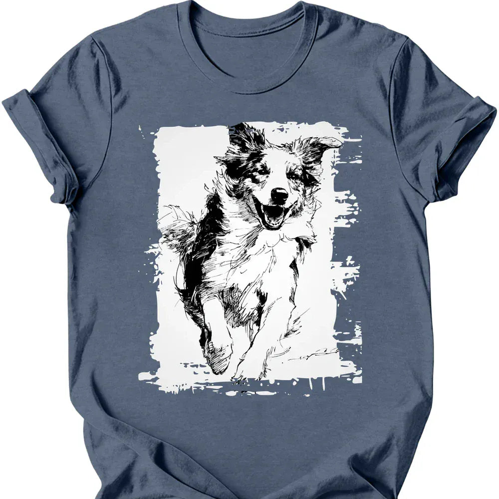 Australian Shepherd running dog tee heather indigo