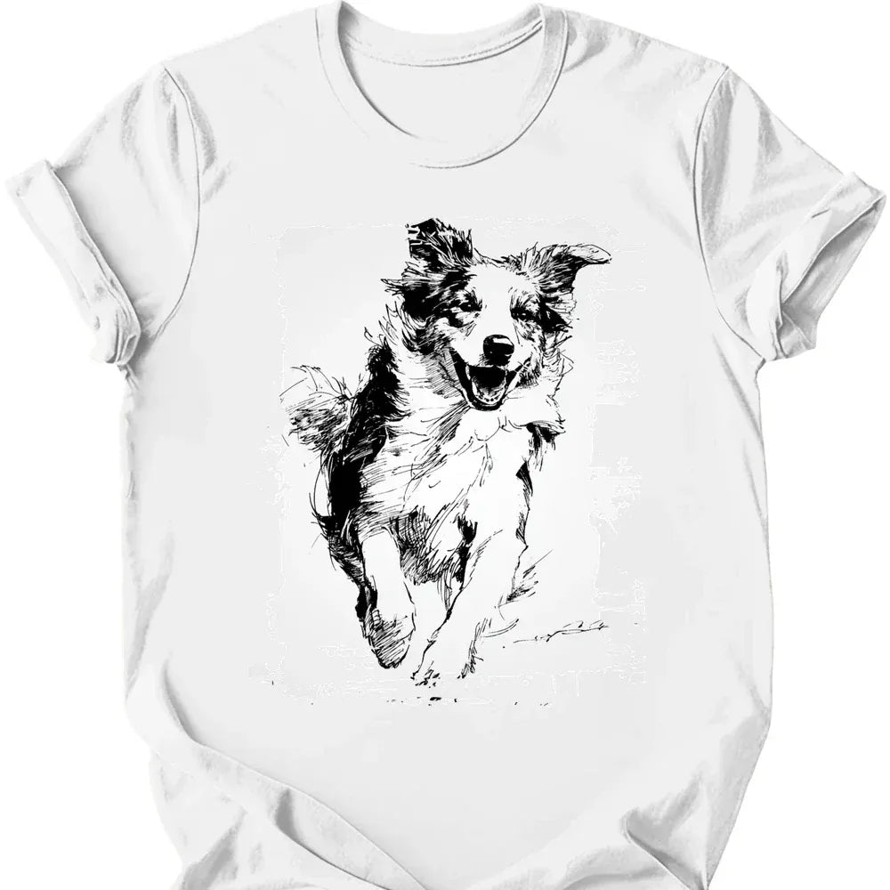 Australian Shepherd running dog tee white